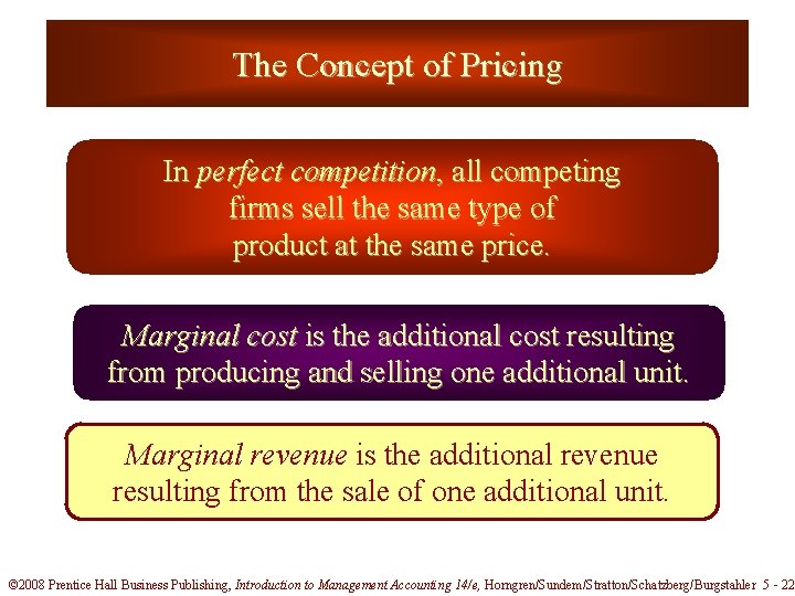 The Concept of Pricing In perfect competition, all competing firms sell the same type