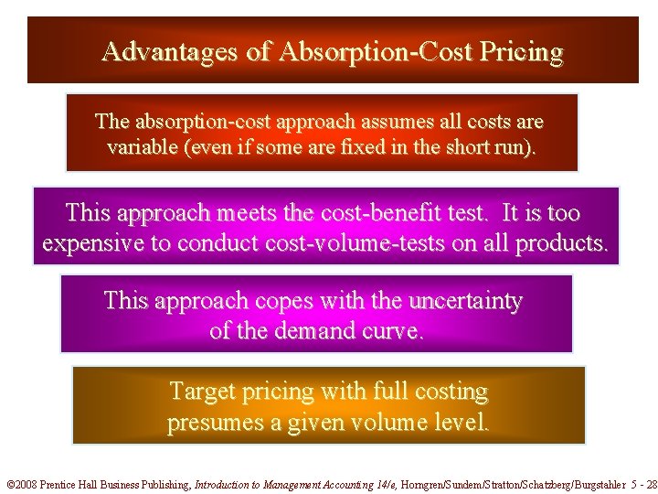 Advantages of Absorption-Cost Pricing The absorption-cost approach assumes all costs are variable (even if