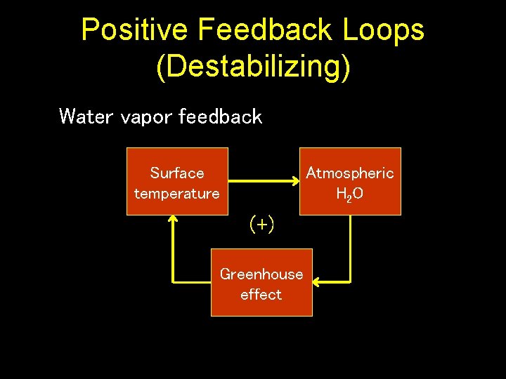 Positive Feedback Loops (Destabilizing) Water vapor feedback Surface temperature Atmospheric H 2 O (+)