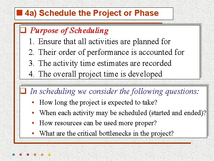 <4 a) Schedule the Project or Phase q Purpose of Scheduling 1. Ensure that