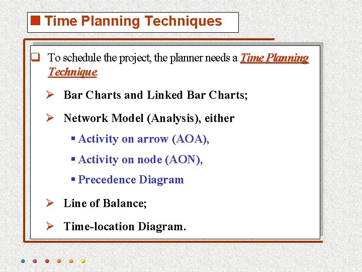 <Time Planning Techniques q To schedule the project, the planner needs a Time Planning
