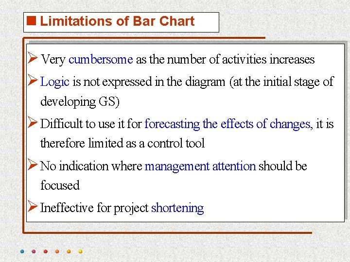 <Limitations of Bar Chart Ø Very cumbersome as the number of activities increases Ø