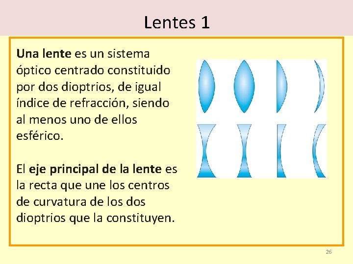 Lentes 1 Una lente es un sistema óptico centrado constituido por dos dioptrios, de