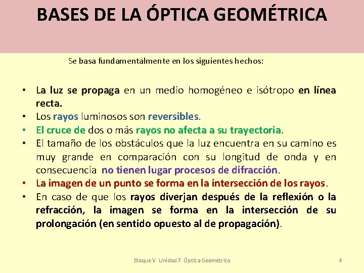 BASES DE LA ÓPTICA GEOMÉTRICA Se basa fundamentalmente en los siguientes hechos: • La