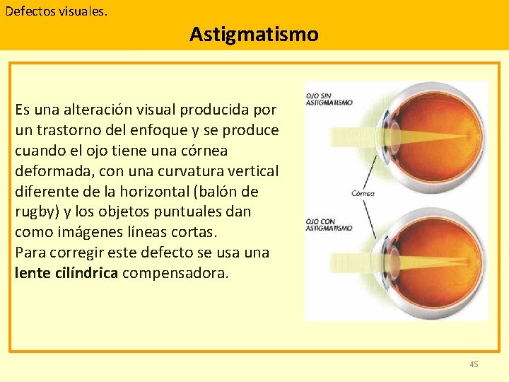 Defectos visuales. Astigmatismo Defectos visuales. Astigmatismo Es una alteración visual producida por un trastorno