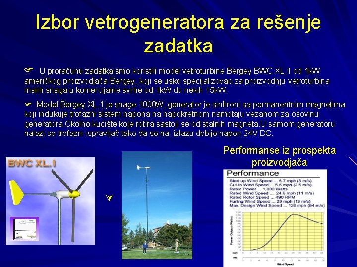 Izbor vetrogeneratora za rešenje zadatka U proračunu zadatka smo koristili model vetroturbine Bergey BWC