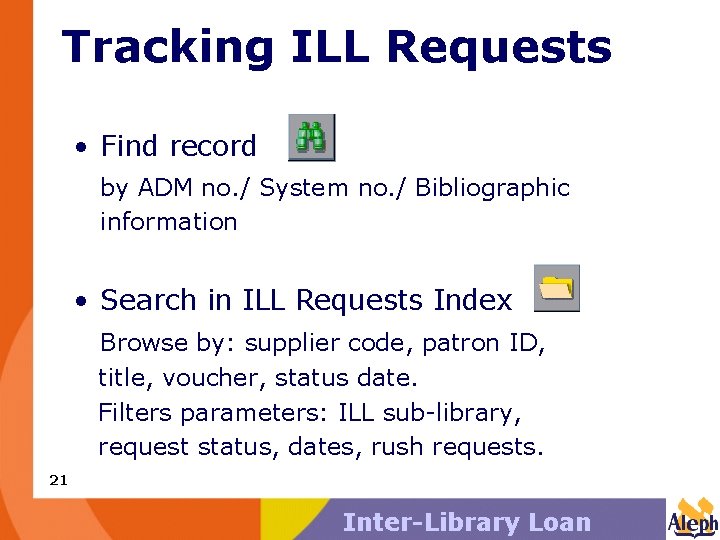 Tracking ILL Requests • Find record by ADM no. / System no. / Bibliographic