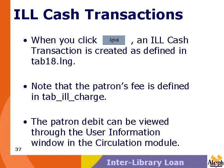 ILL Cash Transactions • When you click , an ILL Cash Transaction is created