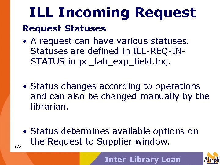 ILL Incoming Request Statuses • A request can have various statuses. Statuses are defined