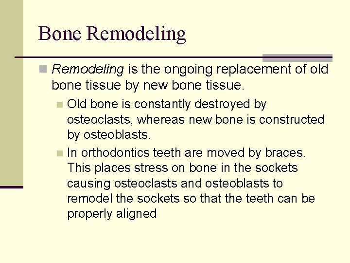 Bone Remodeling n Remodeling is the ongoing replacement of old bone tissue by new