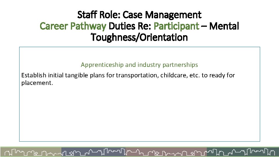Staff Role: Case Management Career Pathway Duties Re: Participant – Mental Toughness/Orientation Apprenticeship and