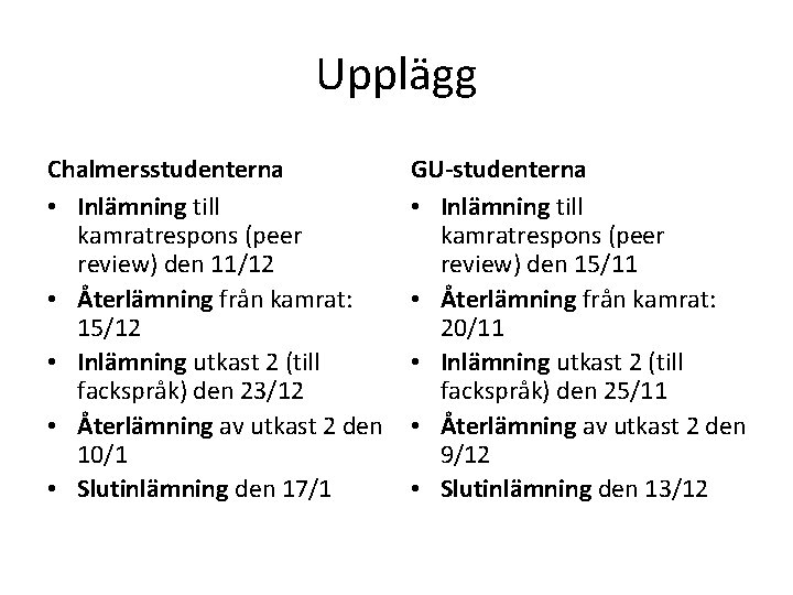 Upplägg Chalmersstudenterna • Inlämning till kamratrespons (peer review) den 11/12 • Återlämning från kamrat: