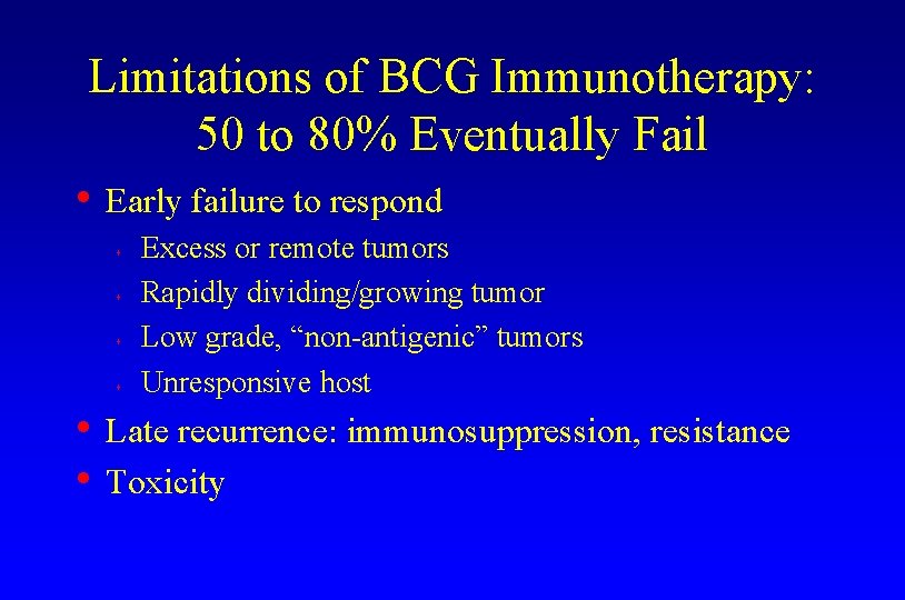 Limitations of BCG Immunotherapy: 50 to 80% Eventually Fail • Early failure to respond