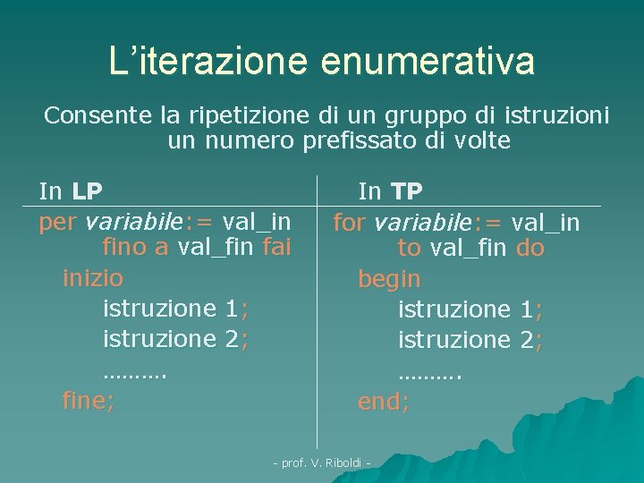 L’iterazione enumerativa Consente la ripetizione di un gruppo di istruzioni un numero prefissato di