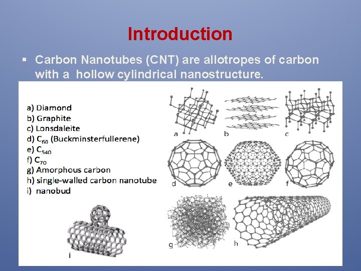 Introduction § Carbon Nanotubes (CNT) are allotropes of carbon with a hollow cylindrical nanostructure.