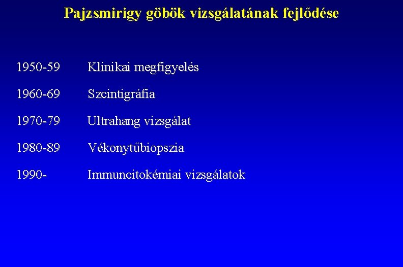 Pajzsmirigy göbök vizsgálatának fejlődése 1950 -59 Klinikai megfigyelés 1960 -69 Szcintigráfia 1970 -79 Ultrahang