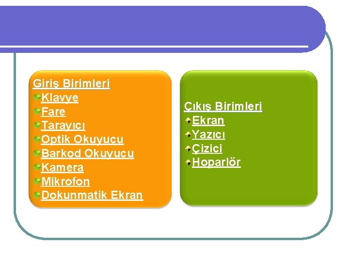 Giriş Birimleri Klavye Fare Tarayıcı Optik Okuyucu Barkod Okuyucu Kamera Mikrofon Dokunmatik Ekran Çıkış