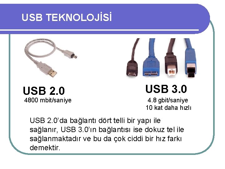 USB TEKNOLOJİSİ USB 2. 0 4800 mbit/saniye USB 3. 0 4. 8 gbit/saniye 10