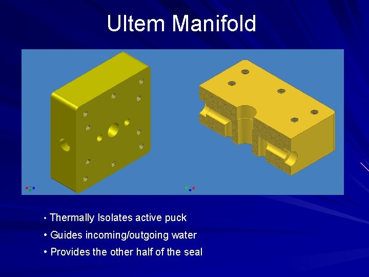 Ultem Manifold • Thermally Isolates active puck • Guides incoming/outgoing water • Provides the