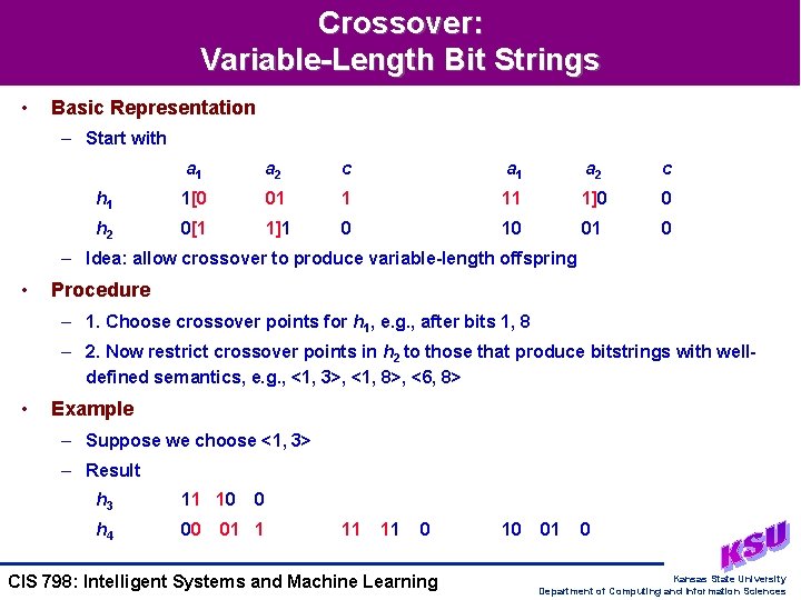 Crossover: Variable-Length Bit Strings • Basic Representation – Start with a 1 a 2