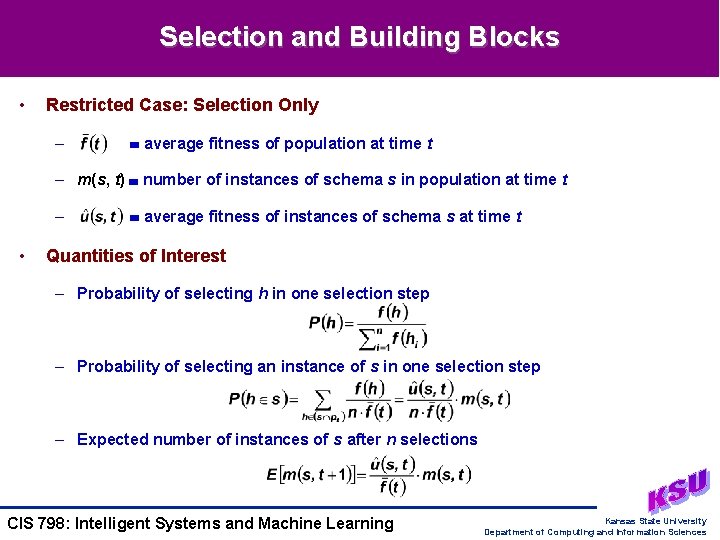 Selection and Building Blocks • Restricted Case: Selection Only – average fitness of population