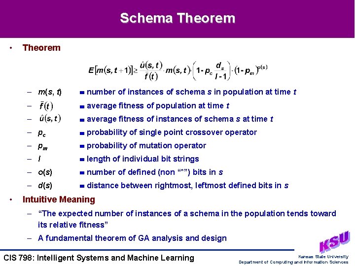 Schema Theorem • • Theorem – m(s, t) number of instances of schema s
