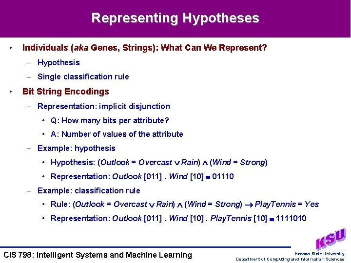Representing Hypotheses • Individuals (aka Genes, Strings): What Can We Represent? – Hypothesis –