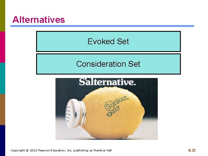 Alternatives Evoked Set Consideration Set Copyright © 2013 Pearson Education, Inc. publishing as Prentice