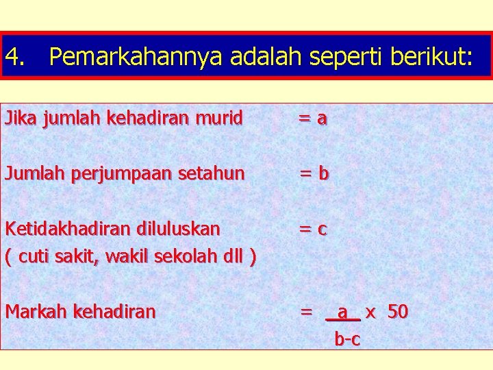 4. Pemarkahannya adalah seperti berikut: Jika jumlah kehadiran murid =a Jumlah perjumpaan setahun =b