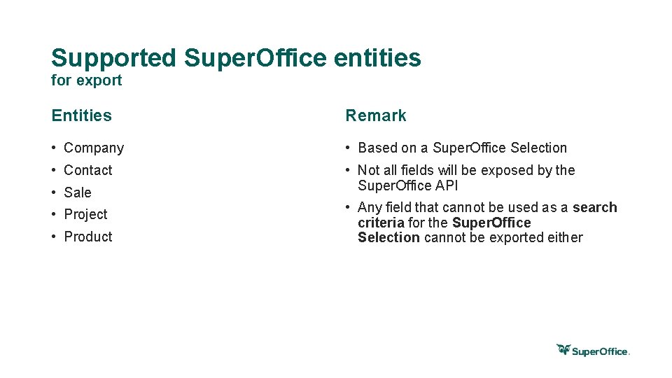 Supported Super. Office entities for export Entities Remark • Company • Based on a