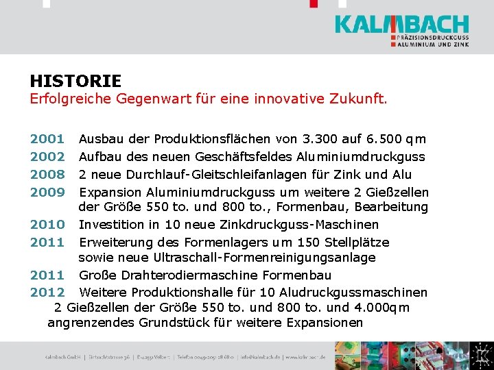 HISTORIE Erfolgreiche Gegenwart für eine innovative Zukunft. 2001 2002 2008 2009 Ausbau der Produktionsflächen