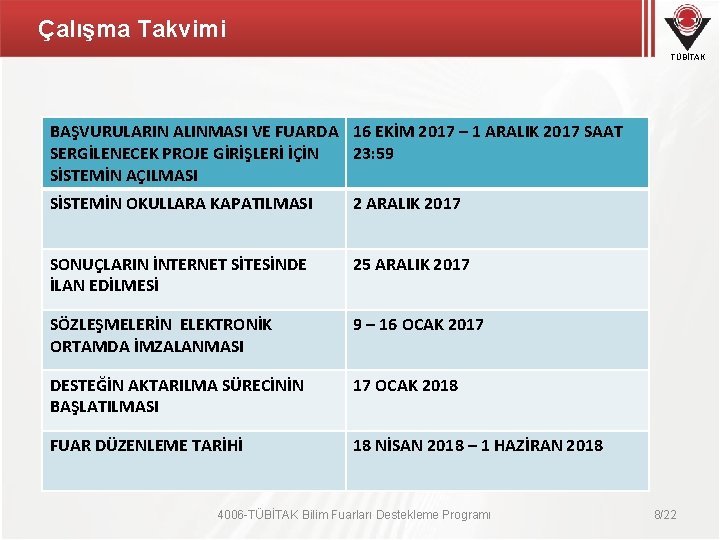 Çalışma Takvimi TÜBİTAK BAŞVURULARIN ALINMASI VE FUARDA 16 EKİM 2017 – 1 ARALIK 2017