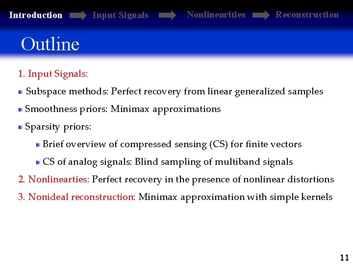 Introduction Input Signals Nonlinearities Reconstruction Outline 1. Input Signals: Subspace methods: Perfect recovery from