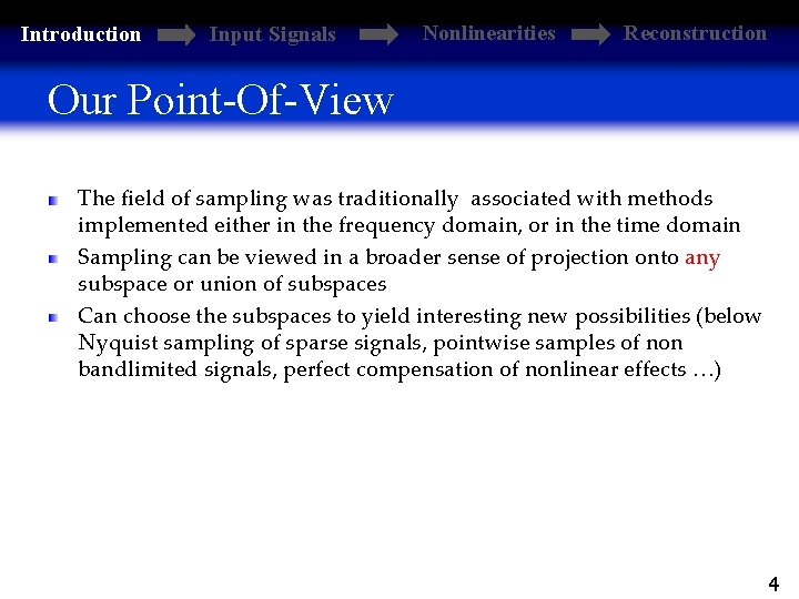 Introduction Input Signals Nonlinearities Reconstruction Our Point-Of-View The field of sampling was traditionally associated