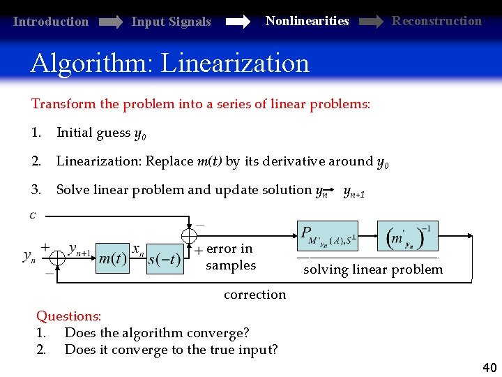 Introduction Nonlinearities Input Signals Reconstruction Algorithm: Linearization Transform the problem into a series of