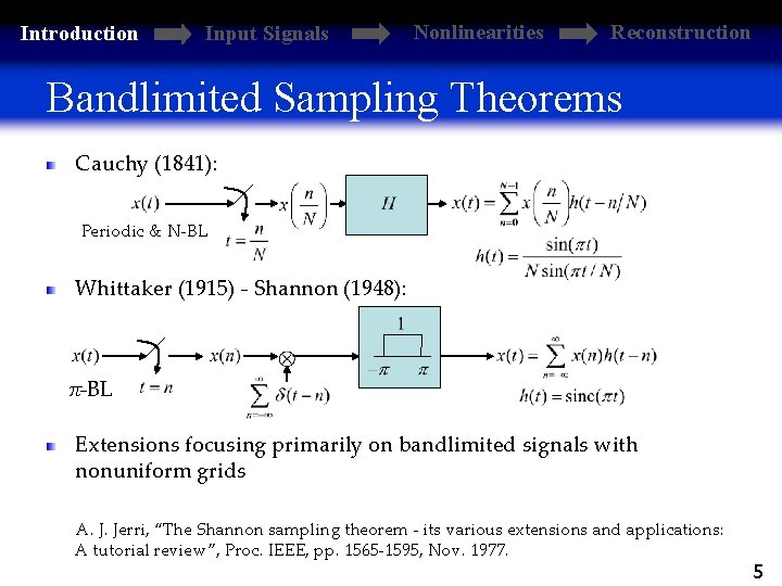 Introduction Input Signals Nonlinearities Reconstruction Bandlimited Sampling Theorems Cauchy (1841): Periodic & N-BL Whittaker