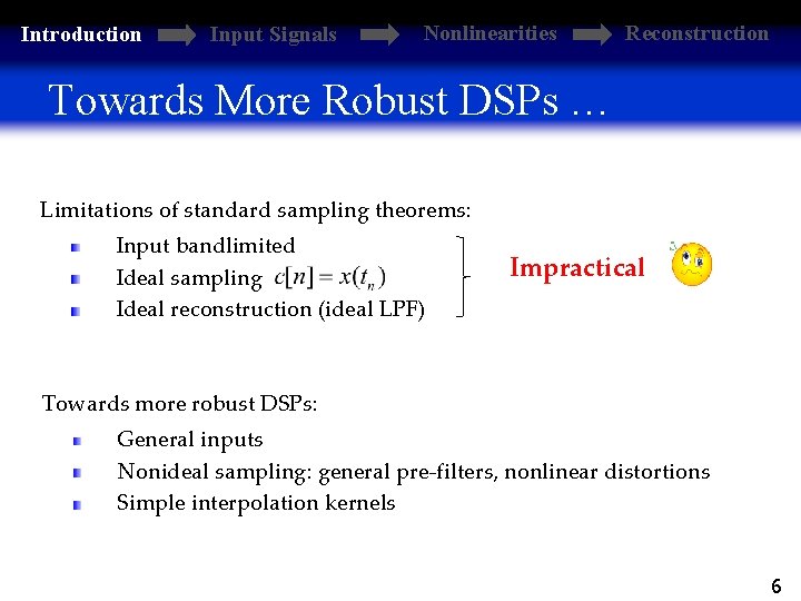 Introduction Input Signals Nonlinearities Reconstruction Towards More Robust DSPs … Limitations of standard sampling