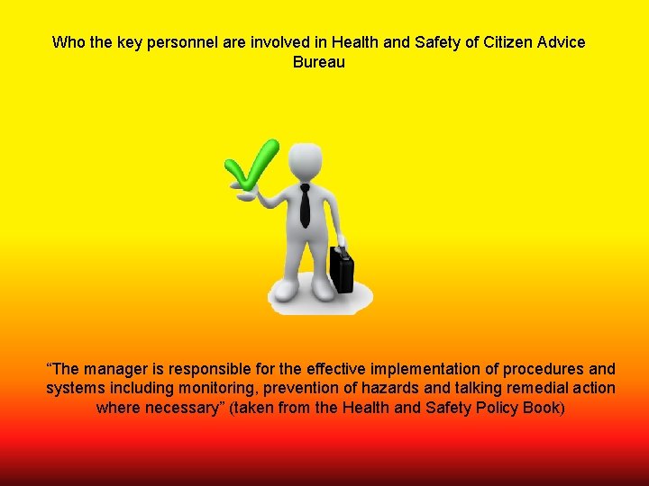 Who the key personnel are involved in Health and Safety of Citizen Advice Bureau