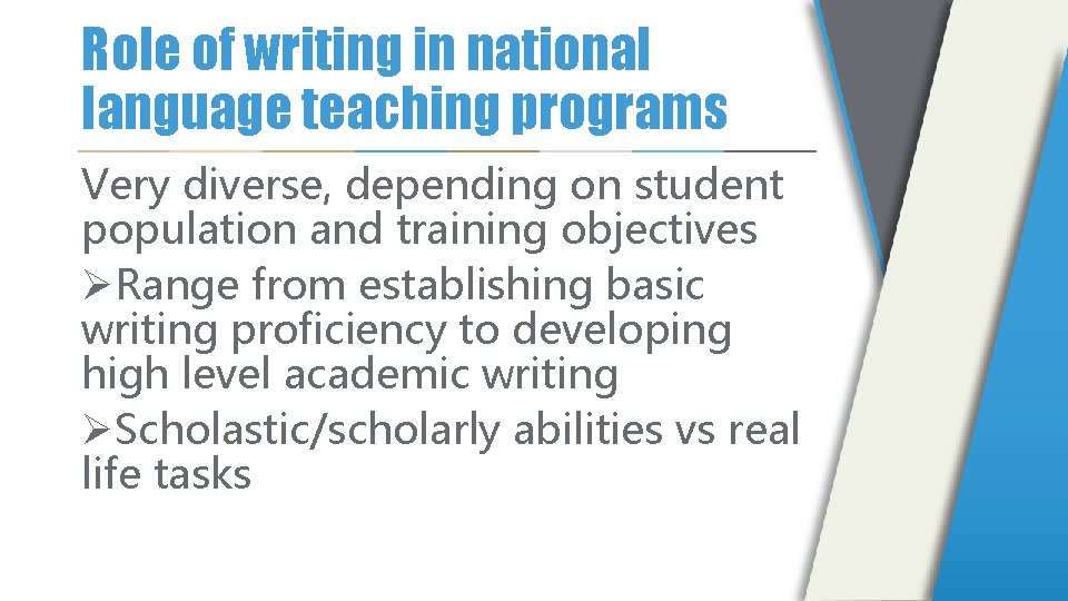 Role of writing in national language teaching programs Very diverse, depending on student population