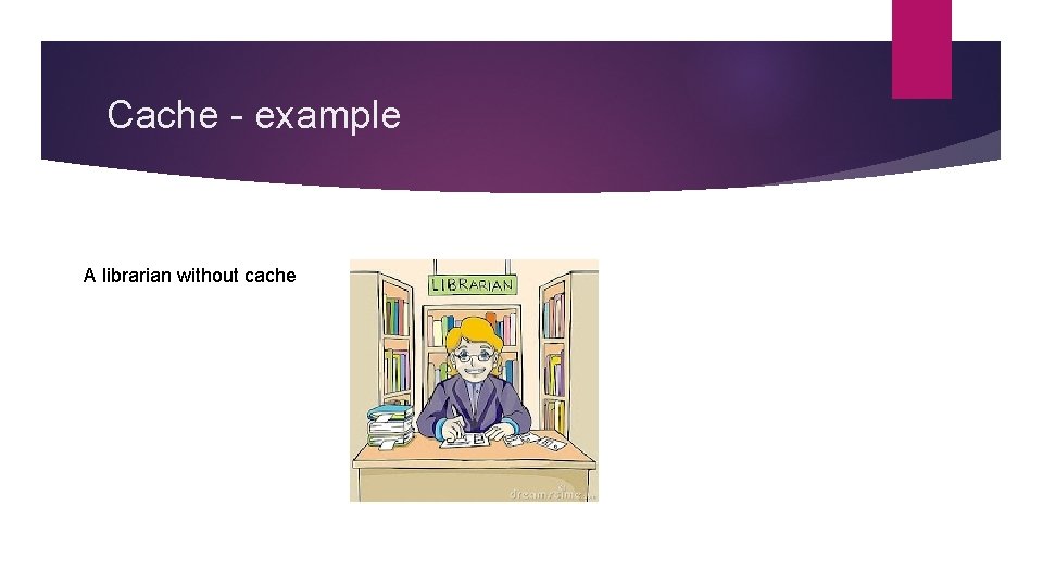 Cache - example A librarian without cache 