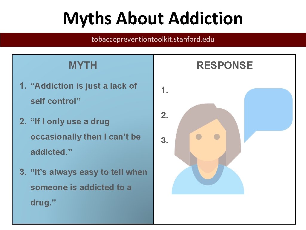 Myths About Addiction tobaccopreventiontoolkit. stanford. edu MYTH 1. “Addiction is just a lack of