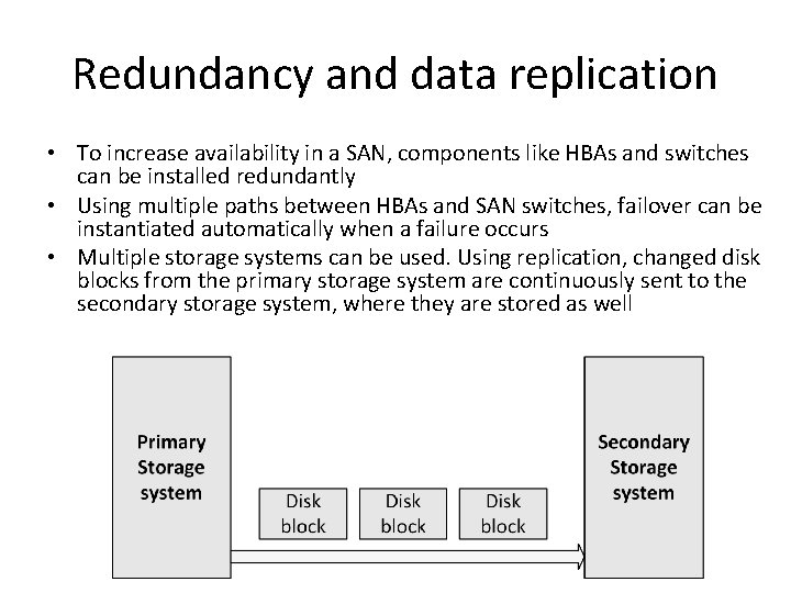 Redundancy and data replication • To increase availability in a SAN, components like HBAs