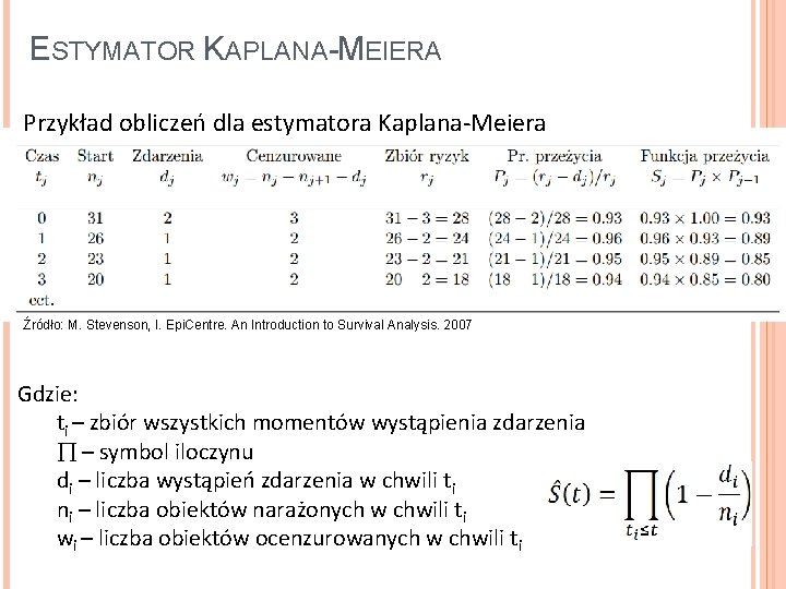 ESTYMATOR KAPLANA-MEIERA Przykład obliczeń dla estymatora Kaplana-Meiera Źródło: M. Stevenson, I. Epi. Centre. An