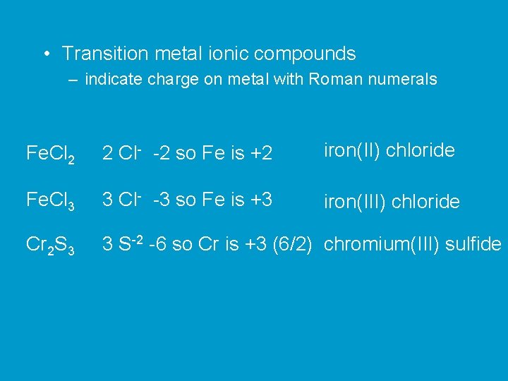  • Transition metal ionic compounds – indicate charge on metal with Roman numerals