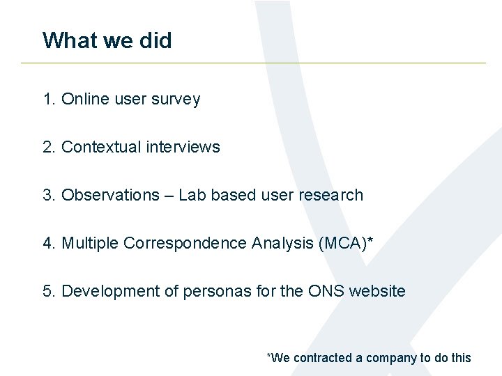 What we did 1. Online user survey 2. Contextual interviews 3. Observations – Lab