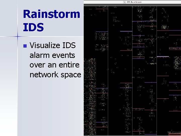 Rainstorm IDS n Visualize IDS alarm events over an entire network space 