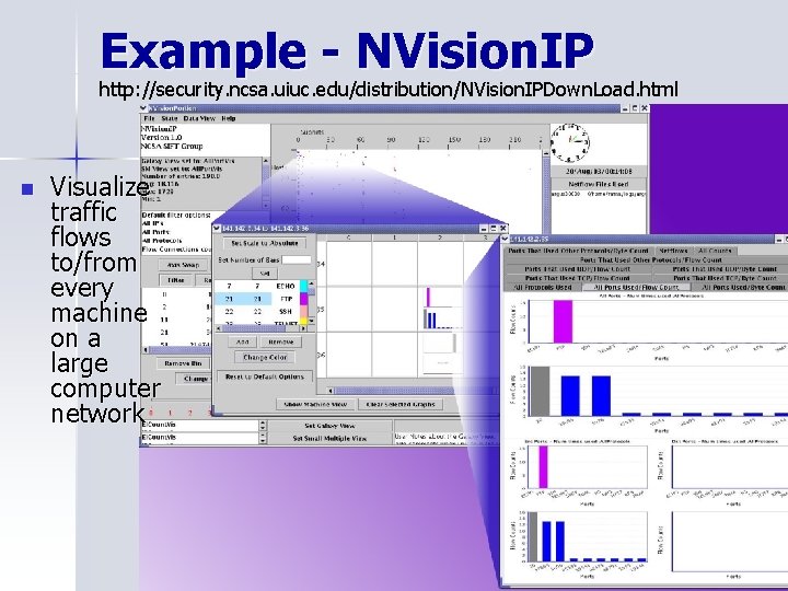 Example - NVision. IP http: //security. ncsa. uiuc. edu/distribution/NVision. IPDown. Load. html n Visualize
