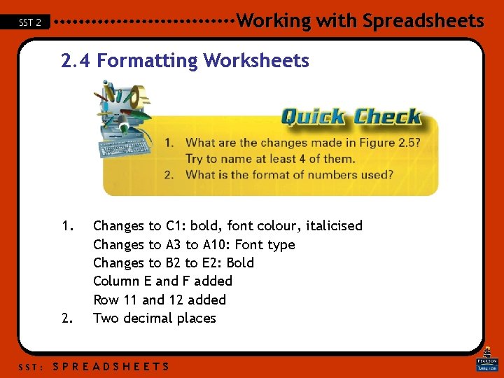 Working with Spreadsheets SST 2 2. 4 Formatting Worksheets 1. 2. SST: Changes to Working with Spreadsheets SST 2 2. 4 Formatting Worksheets 1. 2. SST: Changes to