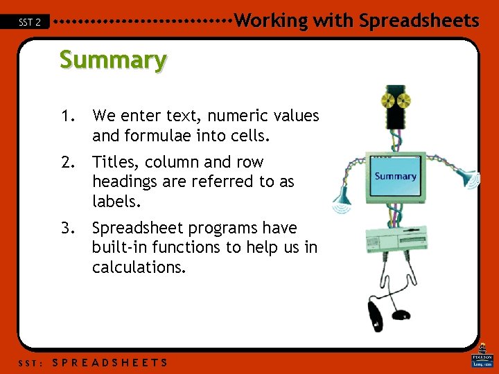 Working with Spreadsheets SST 2 Summary 1. We enter text, numeric values and formulae Working with Spreadsheets SST 2 Summary 1. We enter text, numeric values and formulae