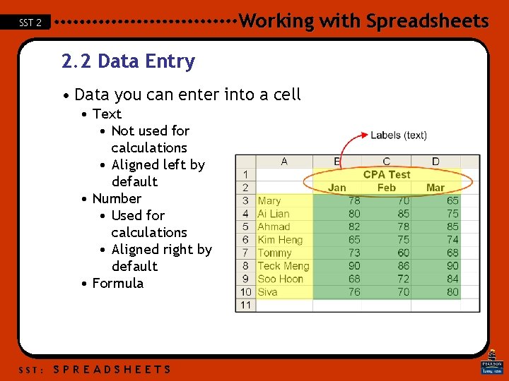 Working with Spreadsheets SST 2 2. 2 Data Entry • Data you can enter Working with Spreadsheets SST 2 2. 2 Data Entry • Data you can enter